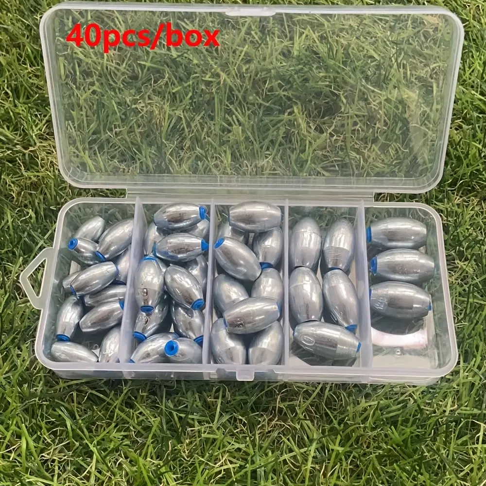 40pcs Alloy Hollow Olive Shape Fishing Sinkers, 4g/6g/8g/10g/12g Carbon Steel Egg-Shaped Sinkers, Fishing Gear Accessories, Fishing Tackle, Heavy Duty Sinkers, Fishing Box, Fishing Equipment