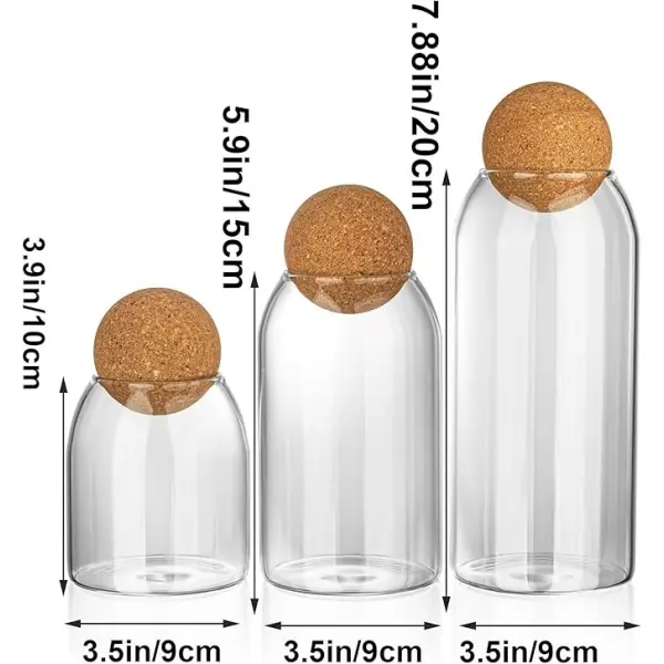 Set of 3 Decorative Glass Canisters with Cork Ball Lids, Stylish Airtight Home Organization Containers for Kitchen Food Storage, Food Storage Containers
