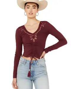 Shyanne Women's Women'S Long Sleeve Cutwork Front Tie Top - Swfa23k97-Mrn