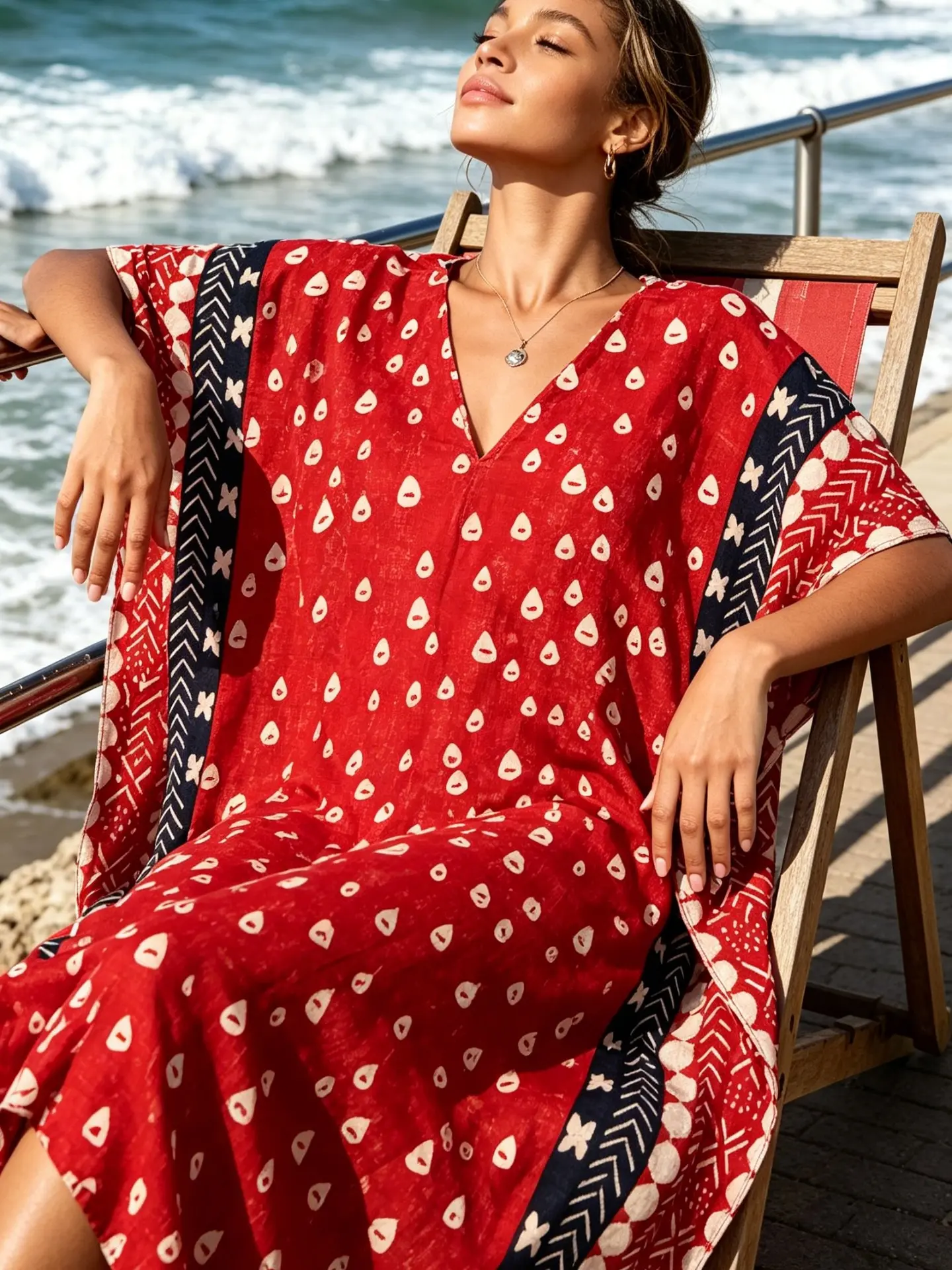 Red V-Neck Momo Dresses Beach Cover Ups Water Drop Kaftan Dresses for Women Plus Size Kaftans Baati Dresses Swimsuit Cover Ups Bohemian Beach Dress