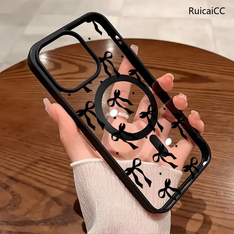 RuicaiCC Premium Magnetic Phone Cases for iPhone 11-17 Pro Max Black Bow y2k Cased MagSafe Ready Anti-Fall Springtok Ultra-Thin TPU Protection Aesthetic Cover
