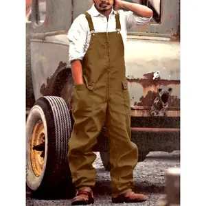 Men'S Vintage Work Overalls, 2025 New Casual Loose Fit, Polyester 95% Spandex 5% Woven Fabric, Solid Color All-Season Pants with Suspender Straps, Regular Length - 230g/m2 Suits Menswear Formal Yellow