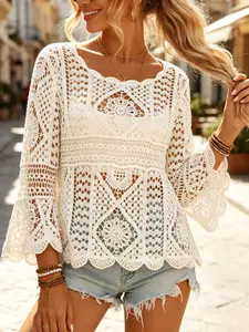 Boho Style Women's Hollow Out Knit Cardigan, Long Sleeve Round Neck, Beach Vacation Travel Casual Wear, Elegant All-Season Outerwear
