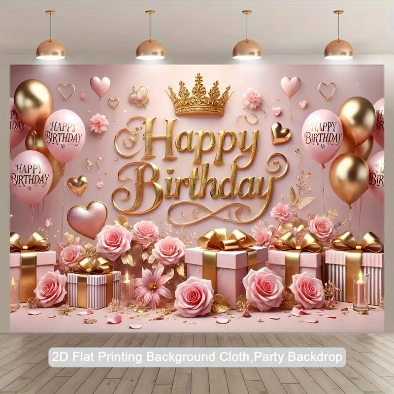 Luxury "Happy Birthday" Backdrop Banner with Crown and Roses for Party Decor - Photography Banner with Roses, Balloons, Gifts, Crown - Perfect for Indoor/Outdoor Celebrations, Photo Booths & Home Decor