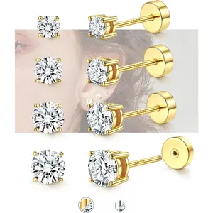 women's hypoallergenic flat back earrings for sensitive ears silver cartilage spiral conch piercing flat back cubic zirconia earrings set for men 2/3/4/5mm