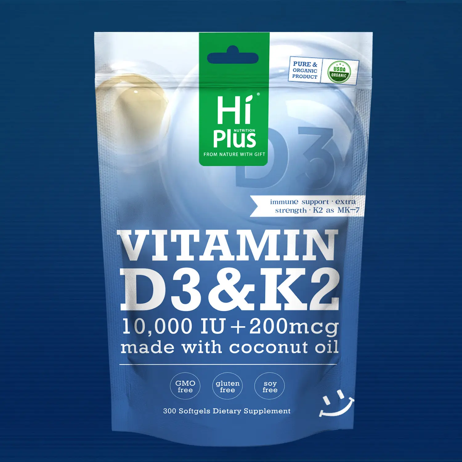 HiPlus Natural Organic Vitamin D3 10,000 IU & K2 200 mcg Softgels - 300 Virgin Coconut Oil Capsules for Calcium Absorption, Bone Health - Daily Dietary Supplement for Metabolism, Healthcare Wellness Vitamins, Bone Support