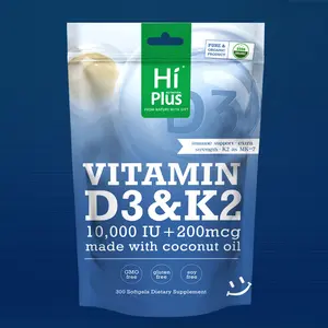 HiPlus Vitamin D3 10,000 IU & K2 200 mcg Softgels - 300 Virgin Coconut Oil Capsules for Calcium Absorption Bone Immune & Heart Health Natural Supplement - Healthcare, Dietary