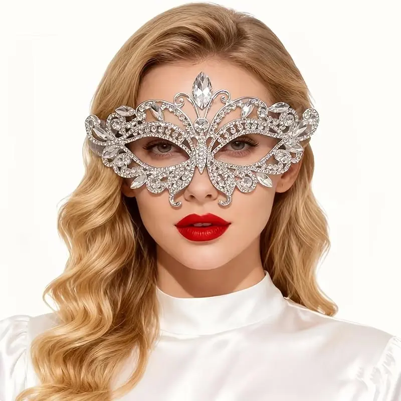 1pc Nylon-Elastane Angel-Themed Rhinestone Masquerade Eye Mask - Silvery-Blue Sparkling Design, Detailed Craftsmanship, Festive Party Accessory for Anniversary, Business Gatherings, Adult Events