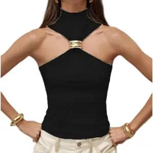 Women Halter Top Twist Front Sexy Ring Pleated Tank Top Turtleneck Dressy Sleeveless Summer Vest Streetwear