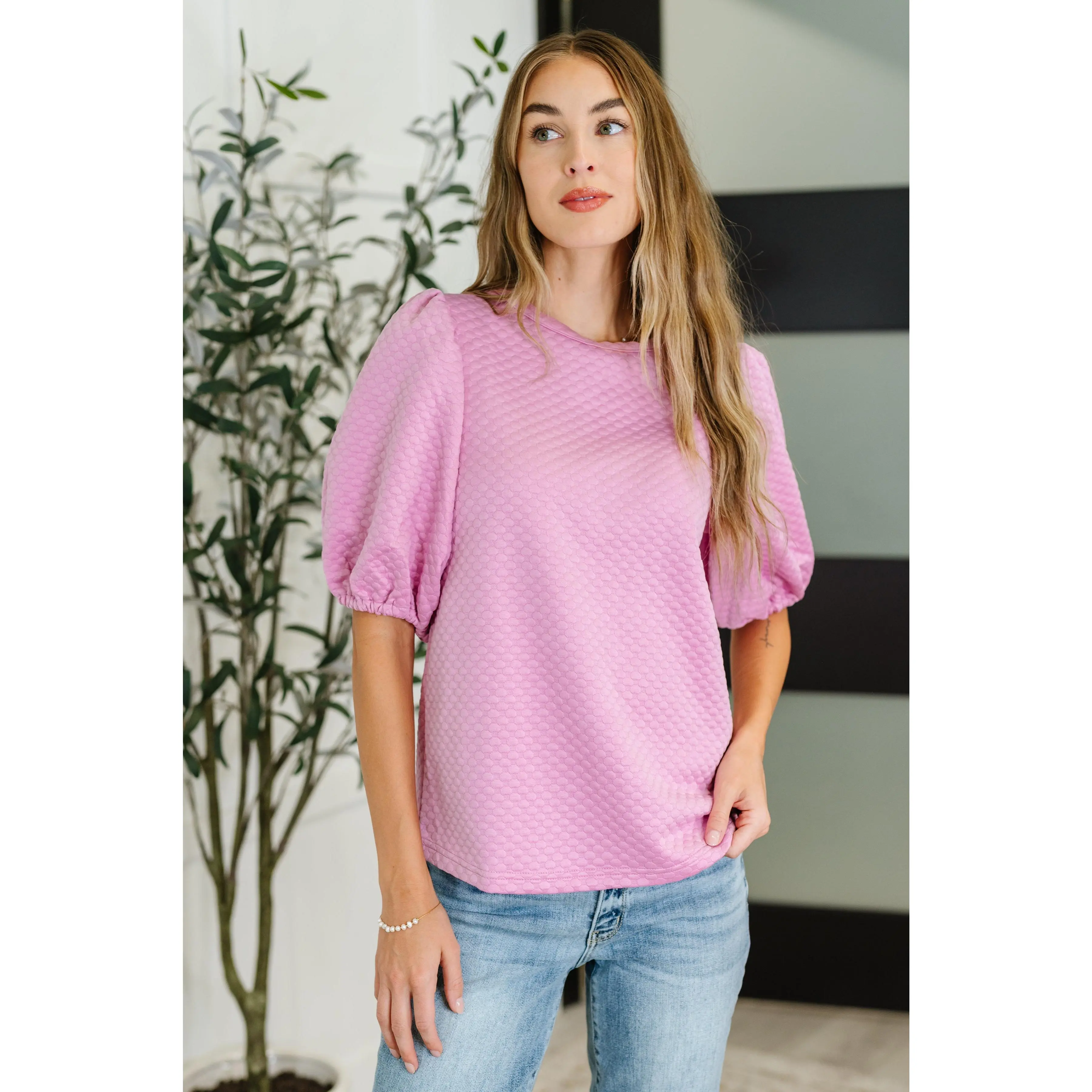 Textured Balloon Sleeve Blouse in Pink