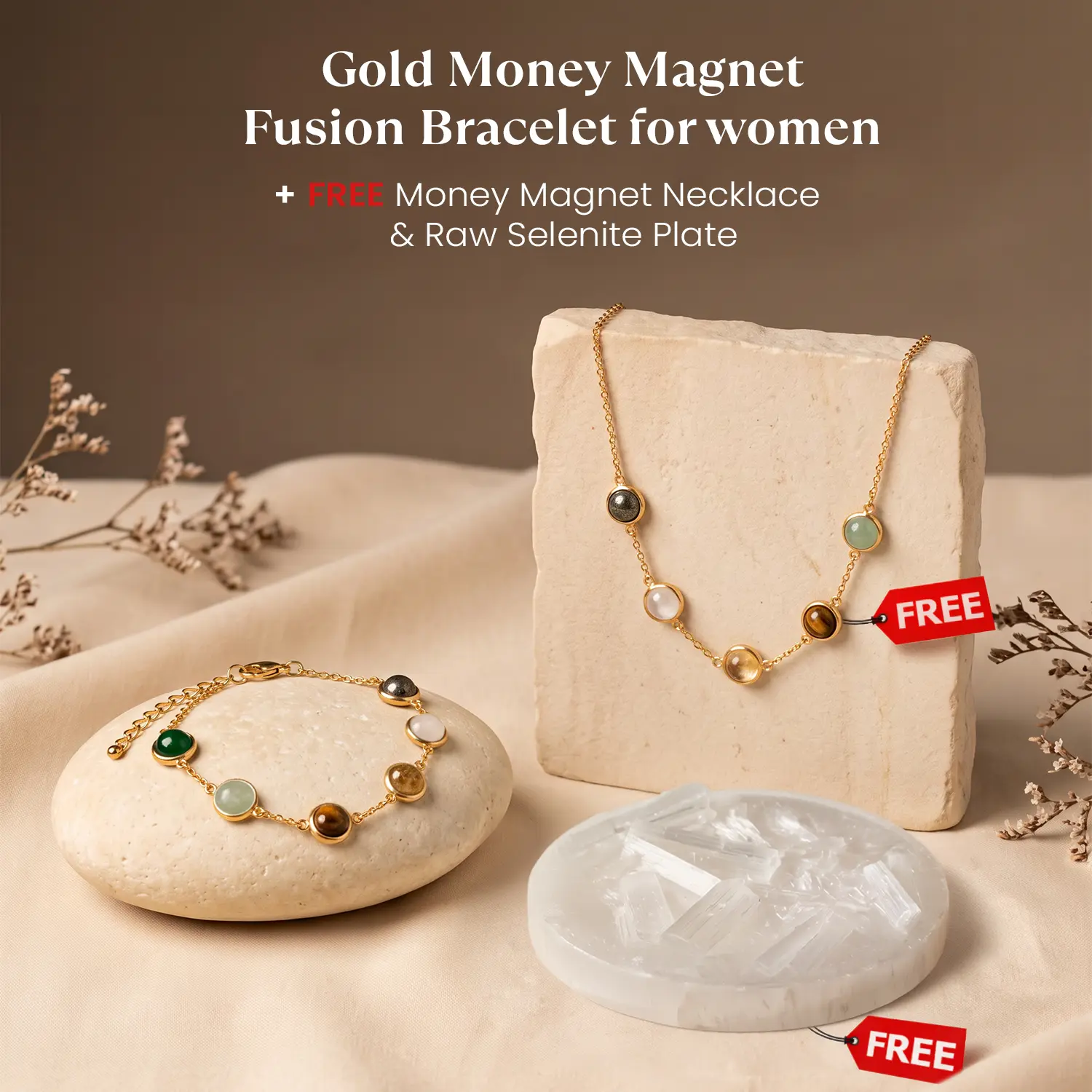 Astrotalk Pyrite Citrine Tiger Eye Green Aventurine Gold Metal Money Magnet Fusion Bracelet for wealth, confidence & money blockages | FREE Money Magnet Necklace & Raw Selenite Plate for Crystal Charging | Daily Wear Jewellery | Certified Authentic