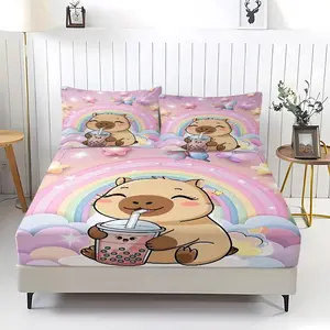 Whimsical Capybara Fitted Sheet Set, Cute Cartoon Bedding Set with Digital Print, Cozy Bedspreads for Dreamy Bedroom Decor, Perfect for Comfort and Style All Year Round, 3Pcs, Includes 2 Pillowcases, No Pillow Core