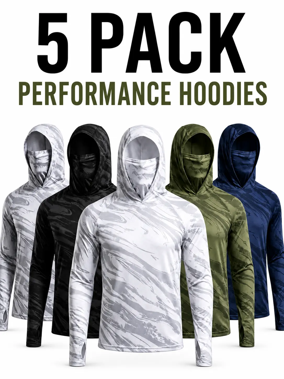 Men's 5-Pack Sun Protection Hooded Shirts - Male Dry Fit Activewear with Face Cover, Thumb Holes, Tight Breathable Sportswear Top, Quick Dry Long Sleeves for Outdoor Yard Work, Fishing Dry Fit Athletic Dry Fit Wicking