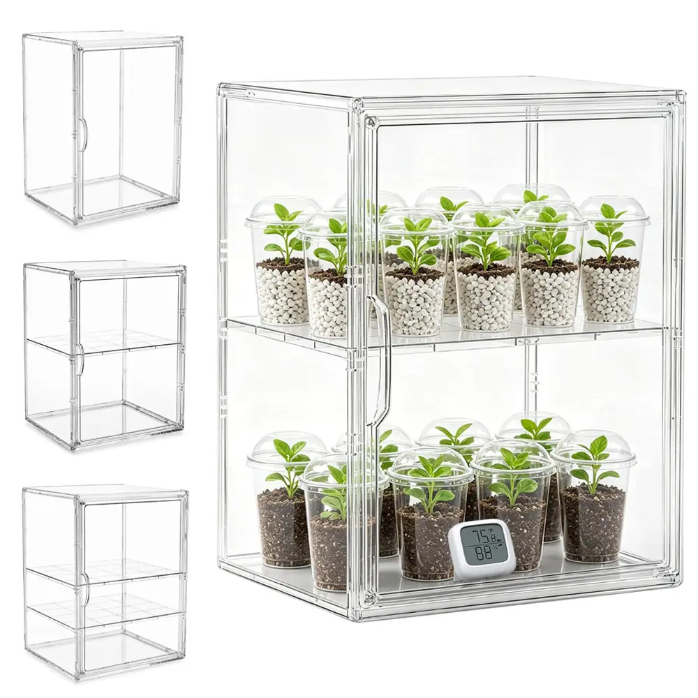 3-Tier Mini Greenhouse for Indoor, Clear Acrylic Vertical Plant Cabinet, Stackable Tabletop Indoor Greenhouse Box with Front Door for Succulents, Herbs, Seed Starting and Small Potted Plants