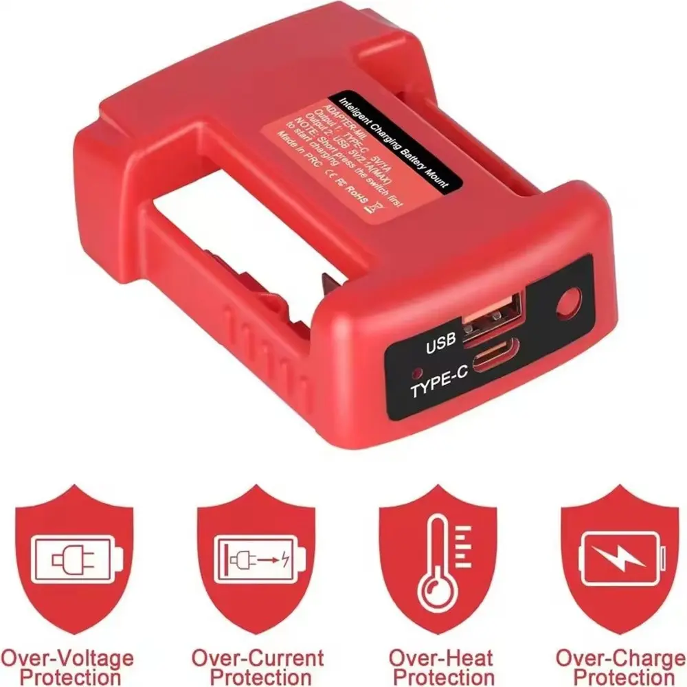 Universal 18v Lithium Ion Battery Adapter, Battery Holder, Compact Design, USB Type-C Fast Charging, Compatible with Makita, Dewalt, Milwaukee Power Tools