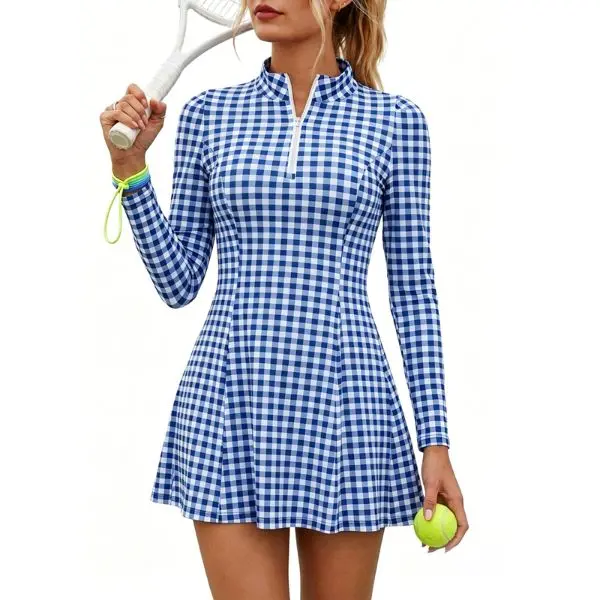 Fisoew Women's Long Sleeve Sporty Athleisure Sports Dress Quarter Zip Gingham & Argyle Print Built-in Shorts Pockets for Tennis & Golf Sporty Sports Dresses Athleisure Sports Dresses