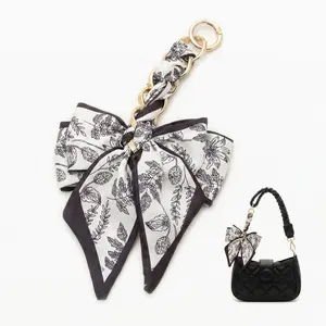 Elegant Bow Shape Floral Silk/Satin Bag Charm, Girly Gold Chain Accent Purse Accessory, Women’s Handbag Clip with Snap Closure, Stylish Summer Fashion Purse Decor