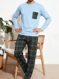 Men's Plaid Sleepwear Set, Autumn Winter 2-Piece Round Neck Long Sleeve Top & Pants, Comfortable Skin-Friendly Home Wear