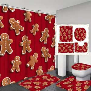 Creative Christmas Gingerbread Man Print Shower Curtain Set, Includes 12 Hooks, Non-Slip Mat, U-Shaped Floor Mat, Toilet Seat Cover, Bathroom Supplies