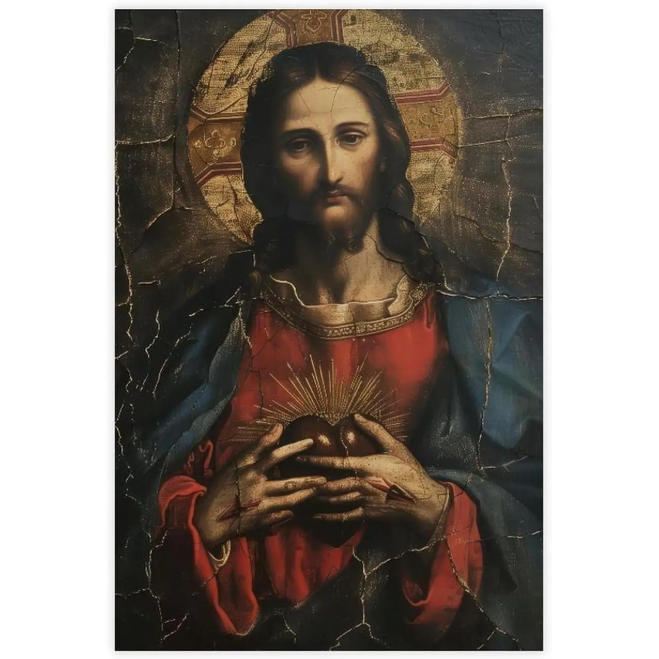 Sacred Heart of Jesus Vintage Art Painting Poster, Christian Catholic Wall Art Decor, Textured Painting Renaissance Faith Art