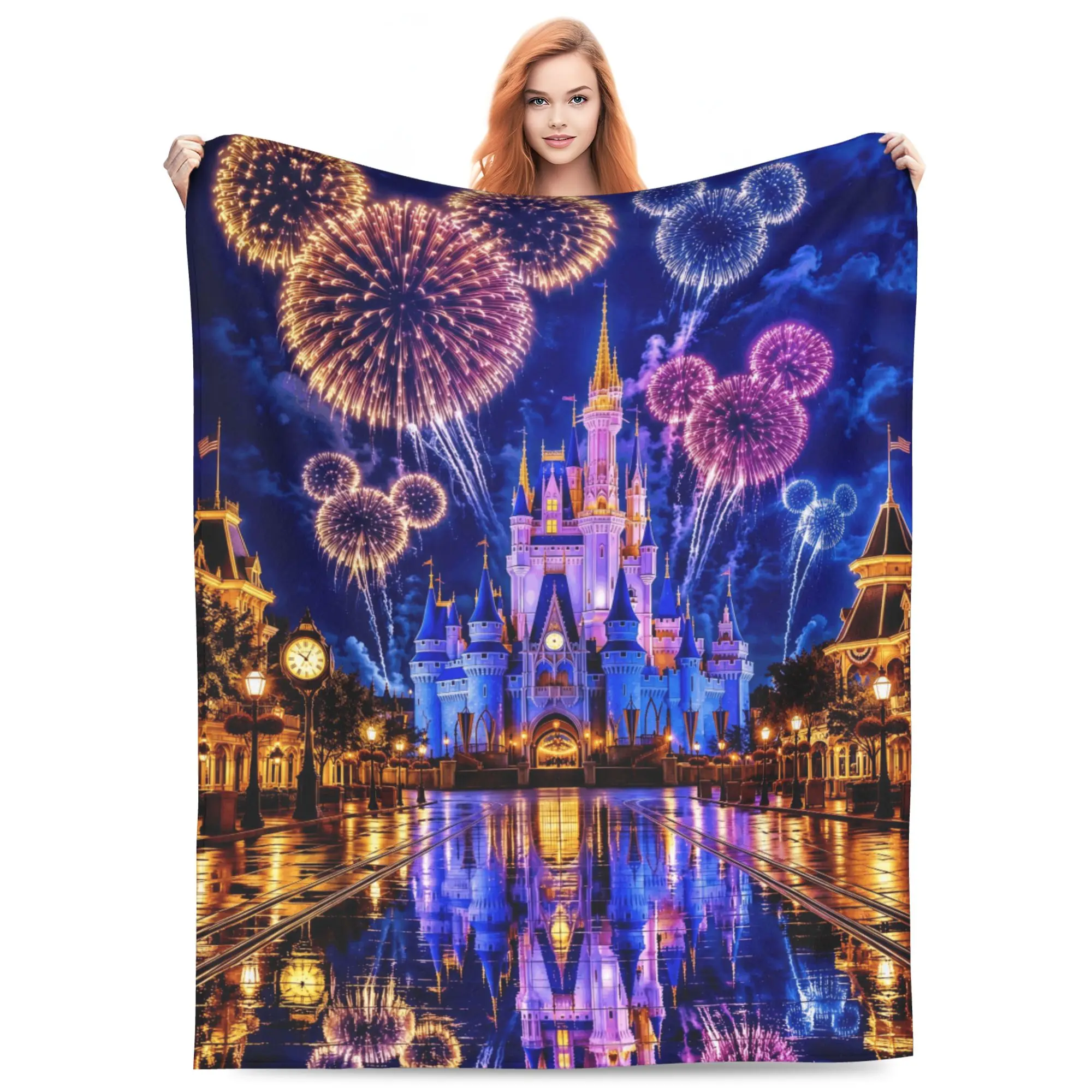 DISNEY CLASSIC Magical Castle Fleece Throw Blanket,Colorful Fireworks Night Sky Glowing Fantasy Castle Reflective Main Street Scene Cozy Soft Blanket for Home Decor Gift