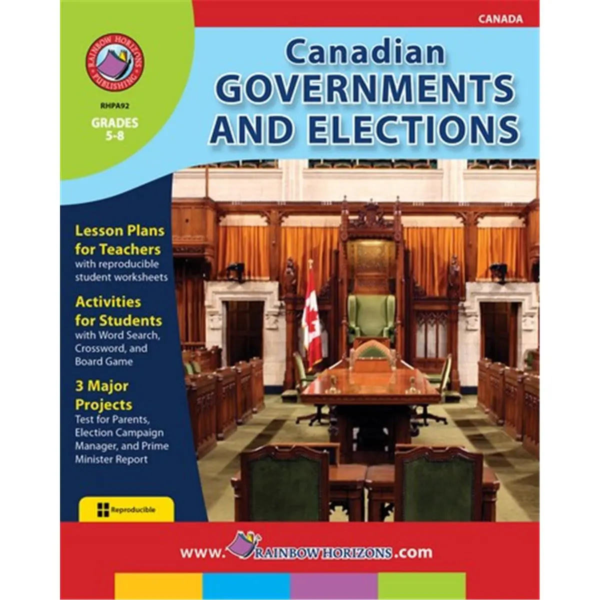 212 MAIN Rainbow Horizons Workbook - Canadian Governments & Elections, Grades 5-8 Education Textbook