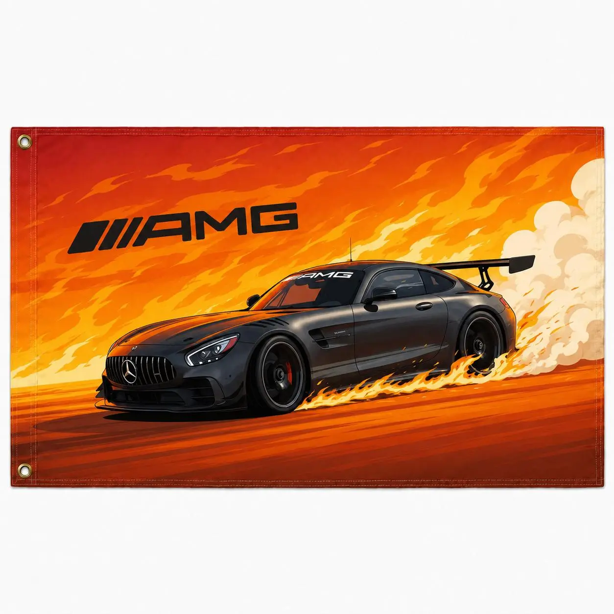 AMG GT Performance Car Flag 3x5 Ft, Black German Sports Coupe Racing Banner with Orange Flames, Garage Man Cave Auto Shop Wall Decor, Gift for Mercedes Fans, Drivers, Collectors