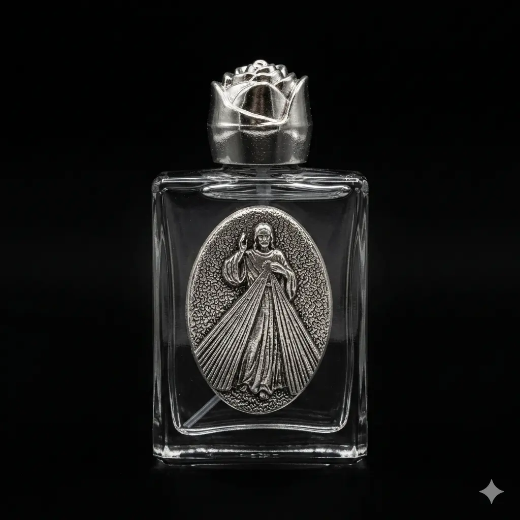 Italian Venerare Square Small Size Refillable Decorative Glass Holy Water Bottle - Screw-Top, Metal-Accented, Rose Bud Design, Christianity Religious Home Decor Collectible for Devotional Practices