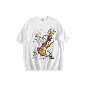 Stylized Skeleton Playing Electric Guitar with Spiked Wristbands & Flames Rock & Roll T-Shirt - Cartoonish Edgy High-Energy Heavy Metal Graphic Tee, Black Background with Chains, Unisex Casual Crew