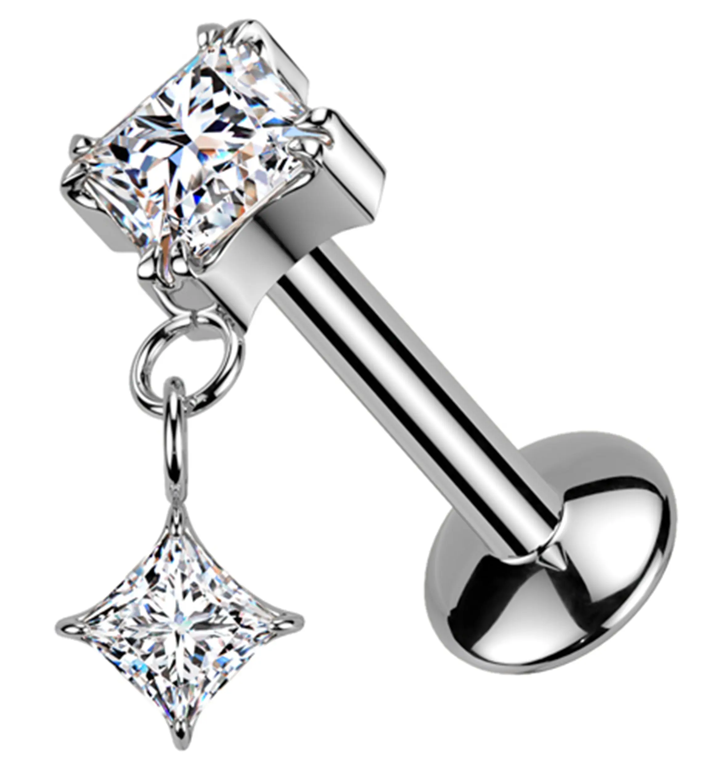 Prong Rhombus Clear CZ Dangle Titanium Convex Disk Labret