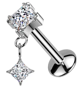 Prong Rhombus Clear CZ Dangle Titanium Convex Disk Labret