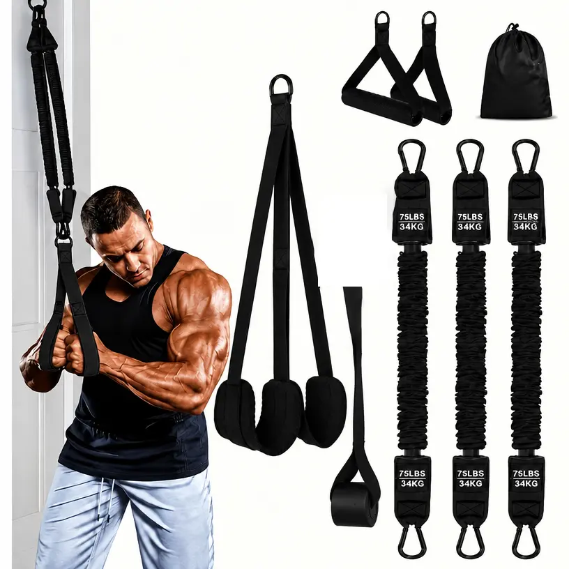 Nylon Resistance Bands with Handles, 75LBS (34KG) Tension, Storage Bag Included for Home Gym Workouts
