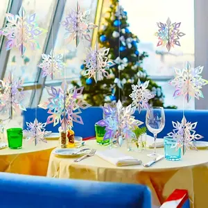 12Pcs Christmas Hanging Snowflake Hanging Decorations, 3D Holographic Paper Snowflake Garland Hanging Rainbow Snowflake, Suitable for Frozen Winter Wonderland Party Holiday New Year Family Decoration Ornaments