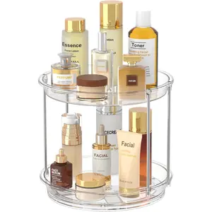 360-Degree Rotating Makeup Organizer – Double-Layer Lazy Turntable Organizer, Transparent Bathroom Countertop Organizer, Suitable for Dressing Tables, Bathrooms, and Kitchen Cabinets as a Rotating Tray for Skincare and Perfume