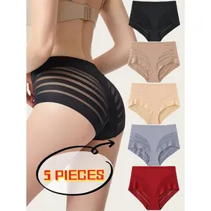 Elegant 5-Piece Tummy Control Trousers Set - Breathable Nylon-Elastane Blend, Minimalist Fit, Sexy Comfortable Briefs, Solid Style Basic Mesh Womenswear Aesthetic Medium Overall Panties Simple