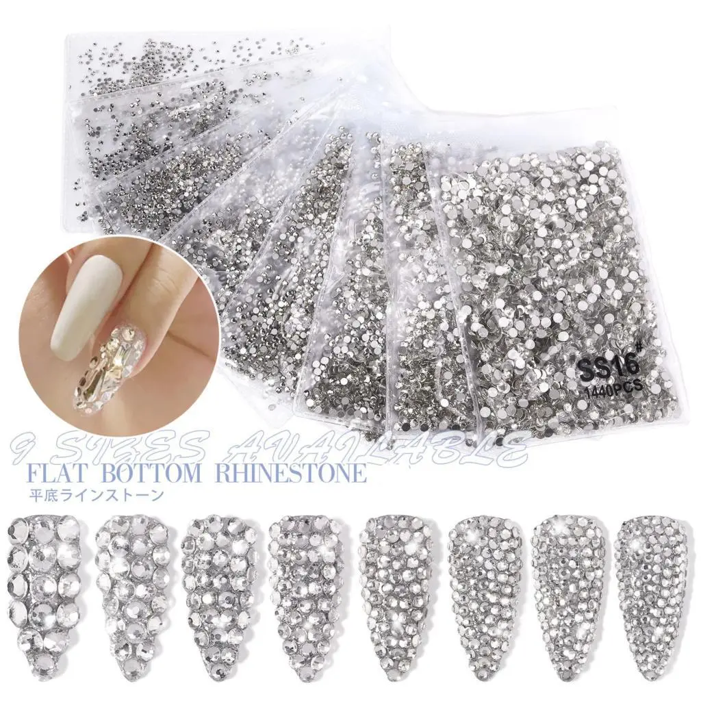 1440Pcs Clear/AB SS3-SS16 Nail Rhinestones Sparkly Glass Diamonds Round Flat-back Mini Rhinestone Nail Gems Manicure Accessories