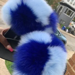 Blue Mixer Real Fluffy Slides - Indoor Open Toe Fur Slides Comfortable & Stylish Soft Rubber Sole Cozy Slippers for Spring Summer Autumn Winter sizes 8.5,9,9.5,10 only