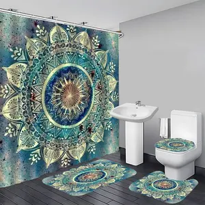 Mandala Pattern Waterproof Bathroom Curtain Set with 12 Hooks, 1/4 Counts Including Shower Curtain & U-shaped Mat & Floor Mat & Toilet Lid Cover, Bathroom Accessories for home