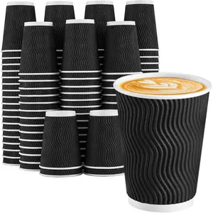 Disposable Coffee Cups 12 oz 100 Pack, Paper Coffee Cups 12 oz for Hot Drinks or Cold Beverages, Insulated Corrugated Ripple Wall Cup for Office, Cafe,  or Travel (Black)