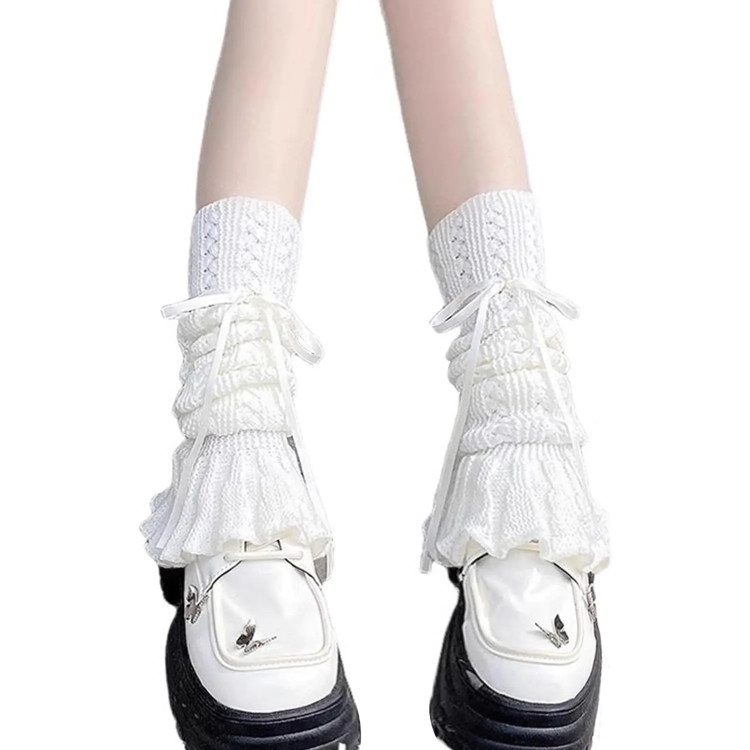 Women's Knitted Leg Warmers Bow Flared Ruffle Trim Knee High Leg Sleeve Socks Lace-up Leg Cover for Teen Girls