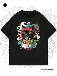 Floating World Style Cat Eating Noodles Print Loose Short Sleeve Casual Breathable Home Wear, Comfortable Daily Clothing