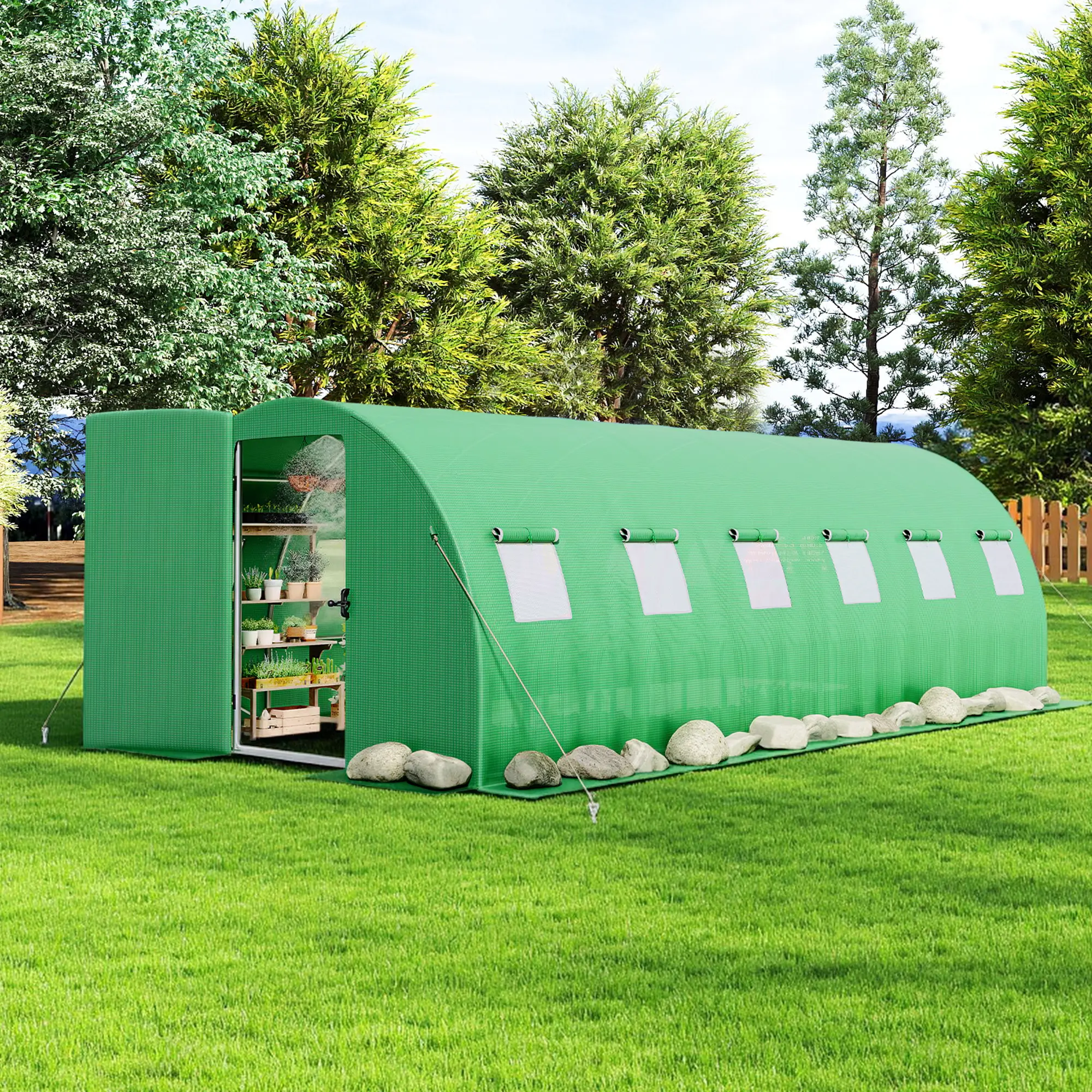 Amerlife Walk-in Tunnel Greenhouse with Door, 10×20 FT/10×30 FT Sizes, Built-in Sprinkler System, Heavy-Duty Galvanized Metal Frame, Waterproof PE Cover, Mesh Windows, Drainage Hole for Outdoor Backyard Gardening