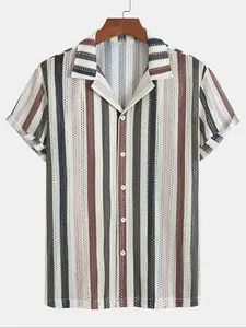 Men's Summer Striped Short Sleeve Shirt, Lightweight Breathable Fabric, Casual Comfort Fit, Casual Breathable Outfits, Perfect for Vacation & Outdoor Activities, Menswear