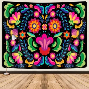 Mexican Tapestry,Colorful Mexico Floral Traditional Aesthetic Hippie Tapestries,Mexican Ornate Ethnic Pastel Flowers Plant Tapestry Wall Hanging for Bedroom Living Room