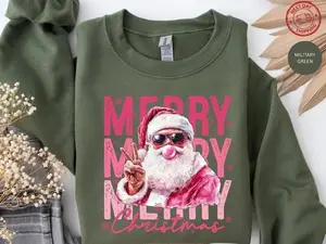 [Sale Up To 50%] Pink Santa Sweatshirt,Santa Bubble Gum Shirt,Funny Santa Retro Christmas Crewneck, Merry Christmas Gift,Holiday Present Idea, streetwear graphic tee
