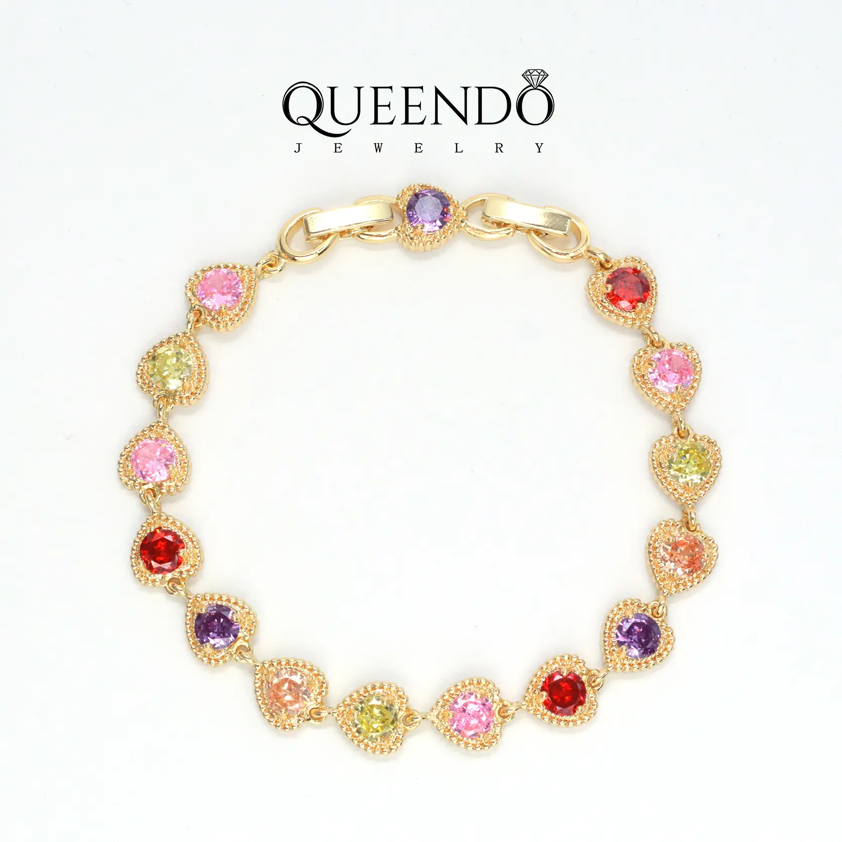QUEENDO Unisex Adjustable Link Bracelet - Multi-Color Heart Bezel Inlaid with Colorful Gems, Copper Base, Casual Wear Accessory, Matching Pair Gift for Party Dating
