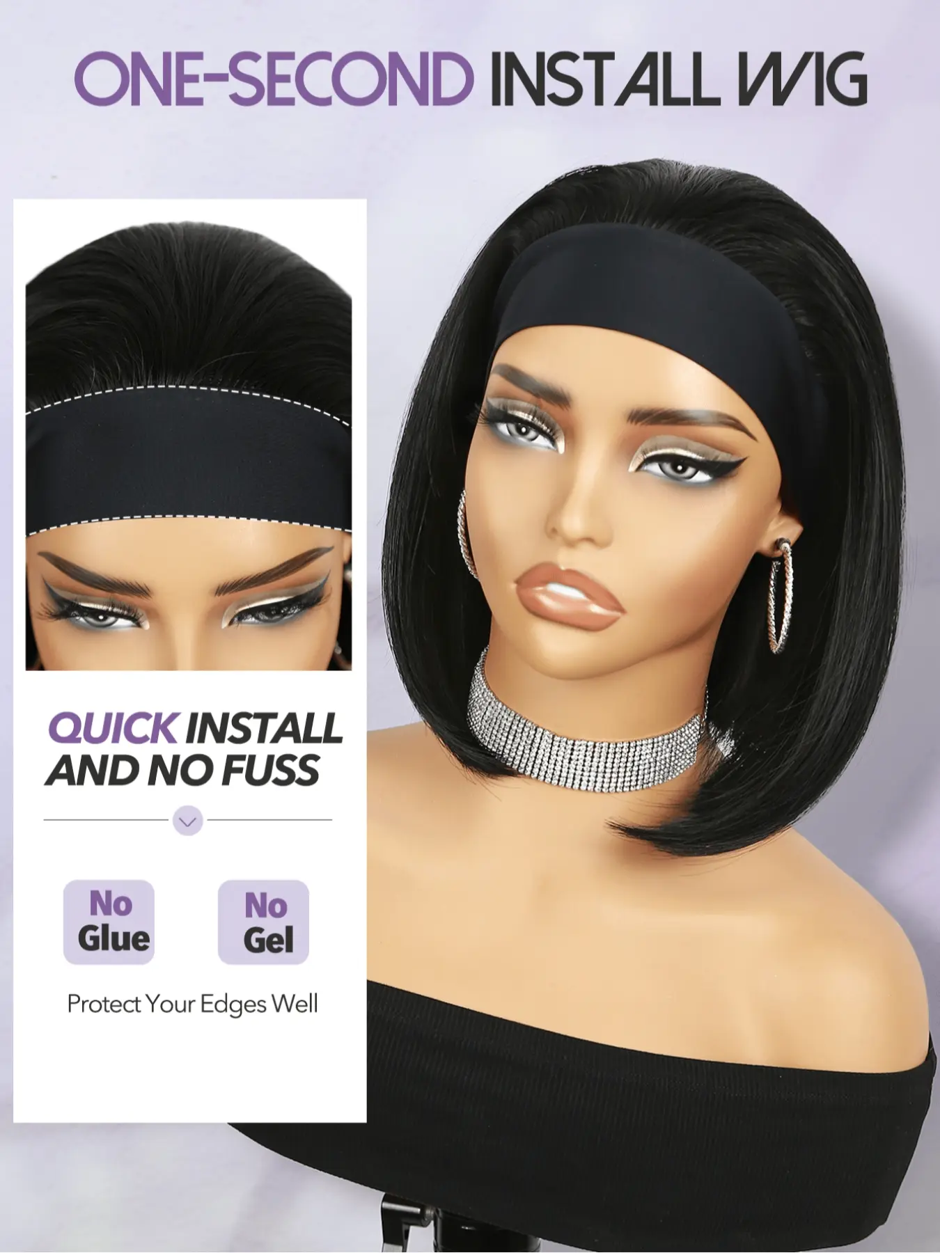 10In Bob Headband Wig Glueless Machine Made Short Straight Natural Color No Bob Headband Wigs Short Straight Hair, 10 Inch Black Wear  main image 2
