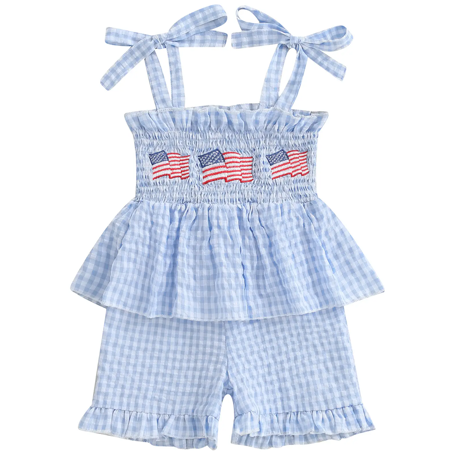 Little Girls 4th of July Overalls Shorts Bodysuit USA Flag Print Sleeveless Suspender Jumpsuit Infant Toddler Girls 4th of July Plaid Smocked Romper
