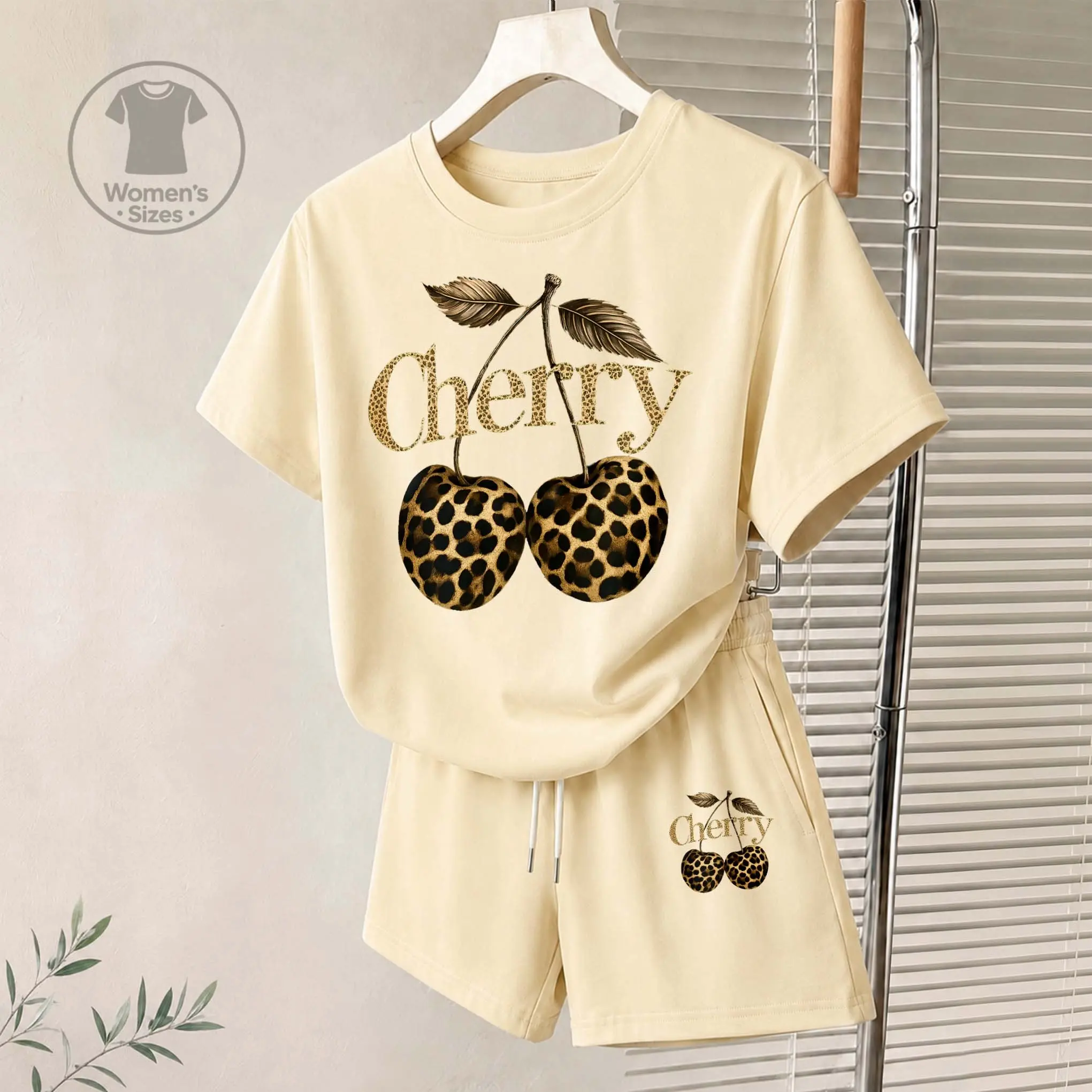 Women's Leopard-Print Cherry Graphic Short Sleeve T-Shirt And Shorts Set, Casual Summer Two-Piece Outfit With Crew Neck Top And Drawstring Waist Shorts For Daily Wear