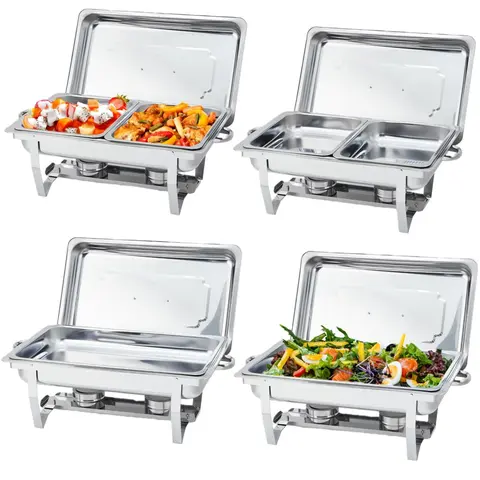 4-Pack 8 Qt Stainless Steel Chafing Dishes Kitchenware - 6 Rectangle Pans, Curved Handles, Foldable Frames, Temp Control Food Warmer, Easy Setup for Restaurant, Corporate Event, Family Dinner